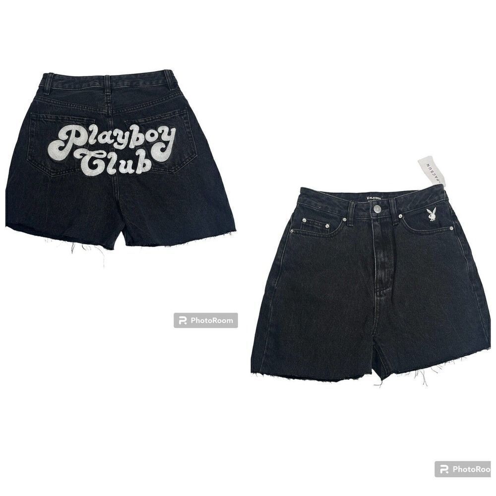 Pacsun x Playboy Womens Black High Waisted Jean Shorts Cutoffs Embroidered Sz 25